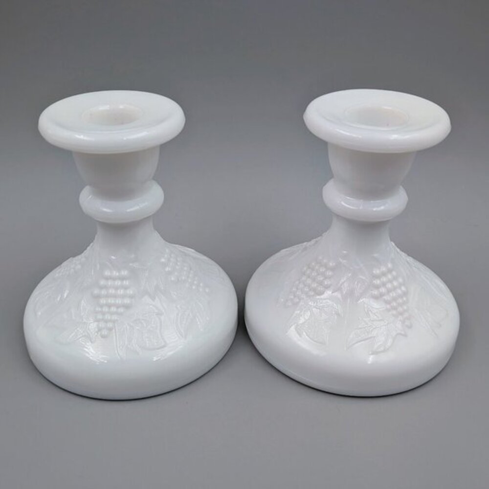 Pair of L. E Smith "Vintage Grape" Milk Glass Candlestick Holders